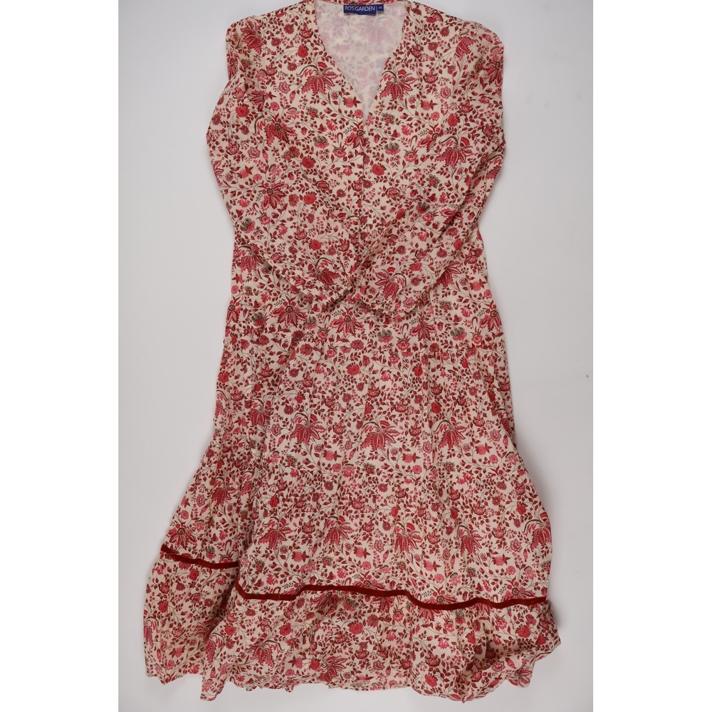 Ro's Garden Dress Floral Block Print Red Pink XS Cotton Tiered Midi Boho